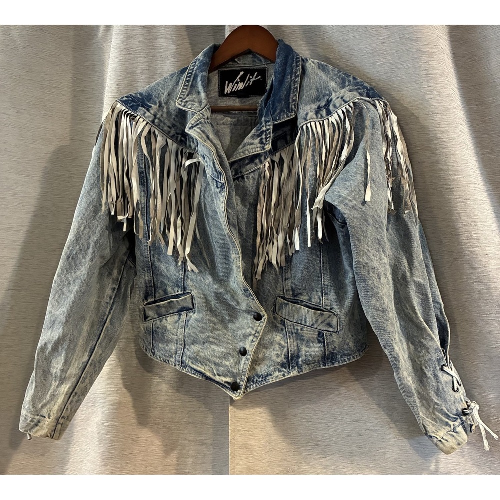 Vtg Winlit Acid Wash Denim Fringe Jacket Suede Tassels Western Boho Rocker M - Picture 2 of 10